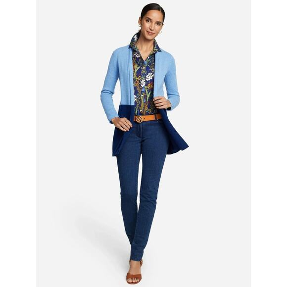 J. McLaughlin Sherrin Cashmere Blue Color Block Open Front Drape Cardigan Small - Picture 2 of 7